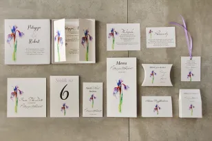 Efektowne zaproszenie ślubne w pudełku z dodatkami - Pistacjowe 10 - Elegancki fioletowy irys
