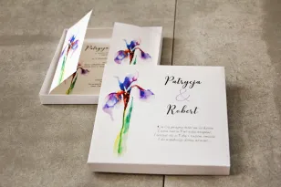 Auffällige Hochzeitseinladung in einer Schachtel - Pistazie Nr. 10 - Elegante lila Iris