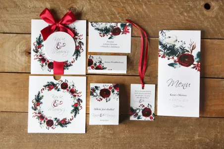 Zaproszenia ślubne w etui - Elegancka, zimowa kompozycja z kwiatami róży - zestaw próbny