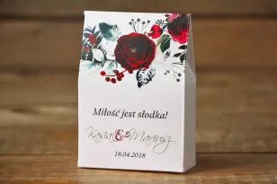 Pudełeczko na słodkości, podziękowania dla gości weselnych - Elegancka, zimowa kompozycja z kwiatami róży