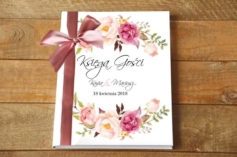 Ślubna Księga gości - Delikatna pastelowa kompozycja kwiatów piwonii w otoczeniu jasnozielonych gałązek Ślubna Księga gości - Delikatna pastelowa kompozycja kwiatów piwonii w otoczeniu jasnozielonych gałązek