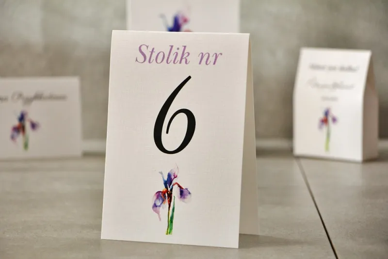 Numery stolików, stół weselny, Ślub - Pistacjowe nr 10 - Fioletowy irys Numery stolików, stół weselny, Ślub - Pistacjowe nr 10 - Fioletowy irys