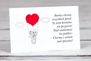 Hochzeitseinladungskarte aus der Bueno-Kollektion Nr. 1 - Karikaturpaar in einem roten fliegenden Ballon, der in den Wolken schw