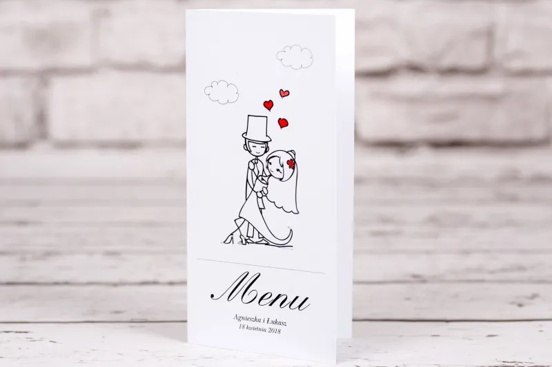 Menu ślubne Bueno nr 4 - Tańcząca Para Młoda w wersji rysunkowej w nieformalnym stylu Menu ślubne Bueno nr 4 - Tańcząca Para Młoda w wersji rysunkowej w nieformalnym stylu