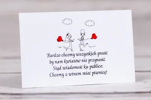 Eintrittskarte für eine Hochzeitseinladung aus der Sammlung Bueno Nr. 5 - Zeichnung des Brautpaares mit roten Luftballons, die s