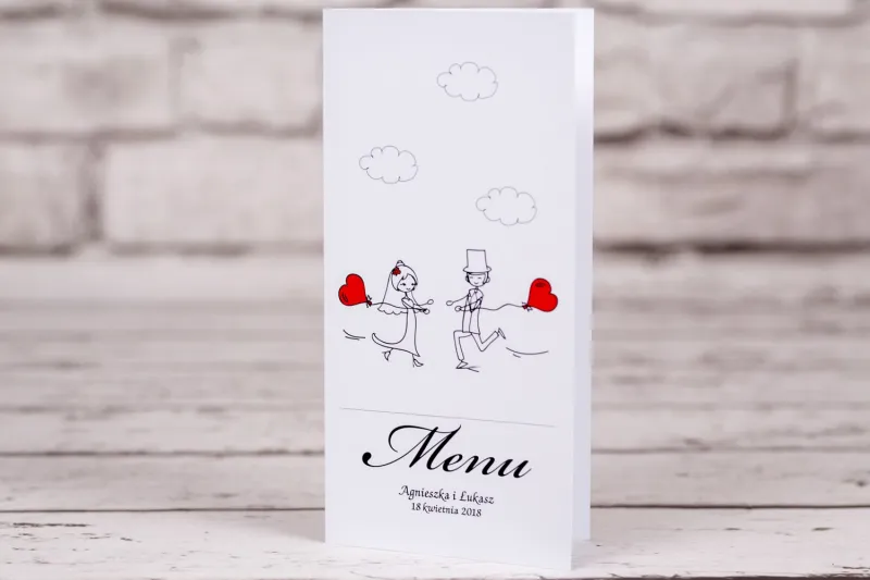 Hochzeitsmenü aus der Bueno-Kollektion Nr. 5 - Zeichnung des Brautpaares mit roten Luftballons, die sich in die Arme laufen