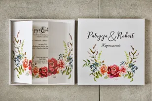 Efektowne Zaproszenie ślubne w pudełku - Pistacjowe nr 11 - Chłodny bukiet z bordowymi różami