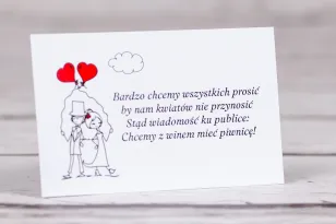 Bilecik do zaproszeń ślubnych z kolekcji Bueno nr 6 - Para Młoda z czerwonymi balonami w nieformalnym stylu rysunkowym