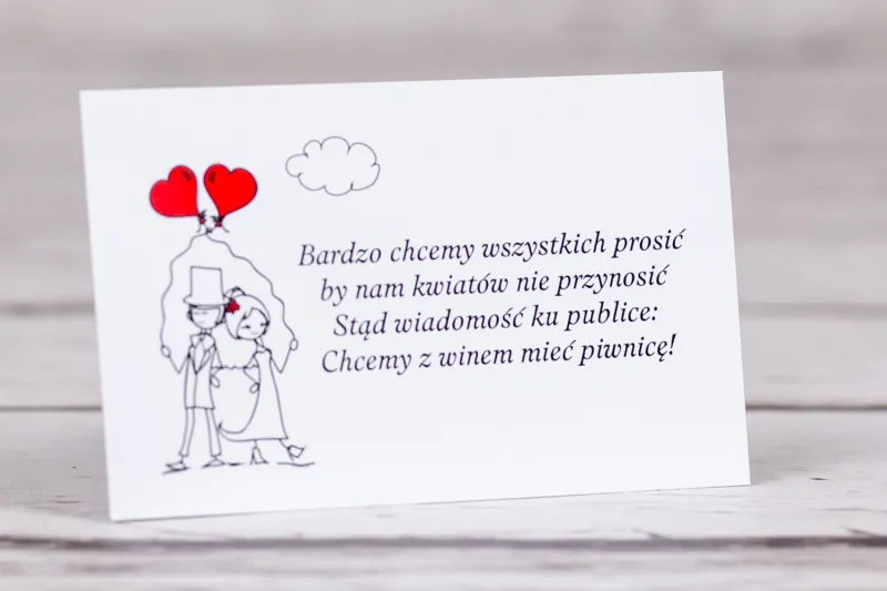 Bilecik do zaproszeń ślubnych z kolekcji Bueno nr 6 - Para Młoda z czerwonymi balonami w nieformalnym stylu rysunkowym Bilecik do zaproszeń ślubnych z kolekcji Bueno nr 6 - Para Młoda z czerwonymi balonami w nieformalnym stylu rysunkowym