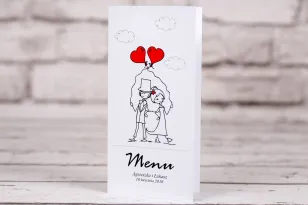 Menu weselne, ślubne z kolekcji Bueno nr 6 - Para Młoda z czerwonymi balonami w nieformalnym stylu rysunkowym