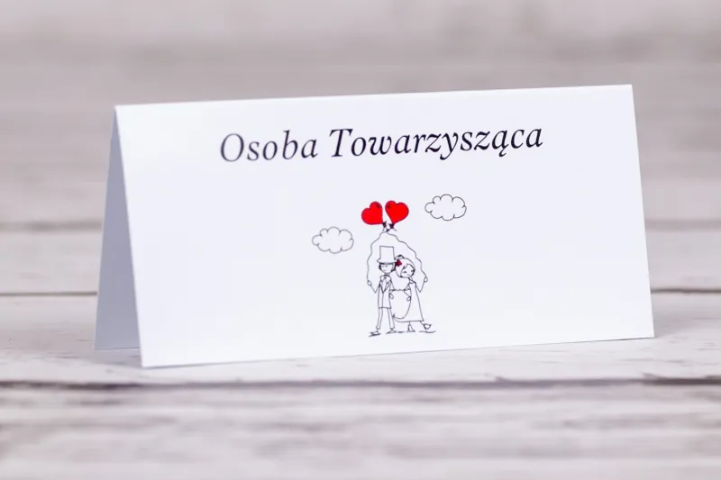 Winietki, wizytówki na stół weselny z kolekcji Bueno nr 6 - Para Młoda z czerwonymi balonami w nieformalnym stylu rysunkowym Winietki, wizytówki na stół weselny z kolekcji Bueno nr 6 - Para Młoda z czerwonymi balonami w nieformalnym stylu rysunkowym