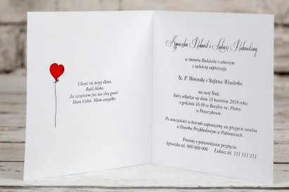 Ślubne Zaproszenia z humorem i grafiką pary młodej z czerwonymi balonikami | Nietypowe Zaproszenia na Wesele | Bueno nr 7