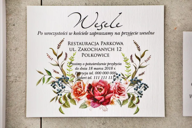 Bilecik do zaproszenia 120 x 98 mm prezenty ślubne wesele - Pistacjowe nr 11 - Bordowe róże w chłodnej kompozycji