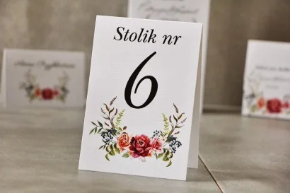 Numery stolików, stół weselny - Pistacjowe nr 11 - Bordowe róże