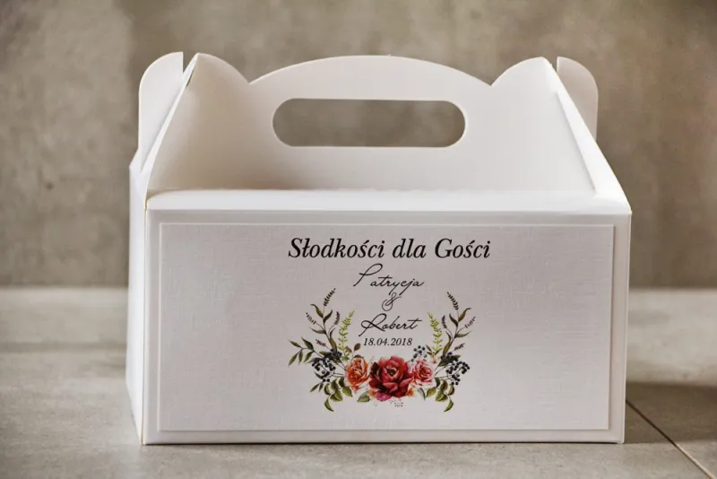 Prostokątne pudełko na ciasto, tort weselny, Ślub - Pistacjowe nr 11 - Róże w chłodnych barwach bordo i zieleni Prostokątne pudełko na ciasto, tort weselny, Ślub - Pistacjowe nr 11 - Róże w chłodnych barwach bordo i zieleni