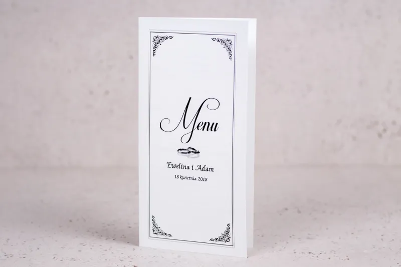 Menu weselne, dodatki ślubne na stoły - Elegancki wzór z delikatną ramką i motywem obrączek - Arte nr 1 - od Amelia-Wedding.pl Menu weselne, dodatki ślubne na stoły - Elegancki wzór z delikatną ramką i motywem obrączek - Arte nr 1 - od Amelia-Wedding.pl