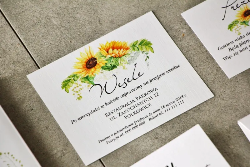 Bilecik do zaproszenia 120 x 98 mm prezenty ślubne wesele - Pistacjowe nr 14 - Letnie słoneczniki z polna trawą