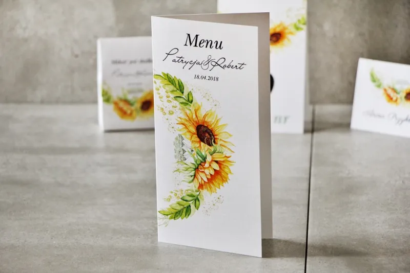 Menu weselne, ślub, stół weselny - Pistacjowe nr 13 - Letnie słoneczniki Menu weselne, ślub, stół weselny - Pistacjowe nr 13 - Letnie słoneczniki
