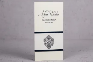 Ślubne menu z kolekcji Moreno nr 8 - Eleganckie menu ślubne owinięte perłowo-granatową owijką