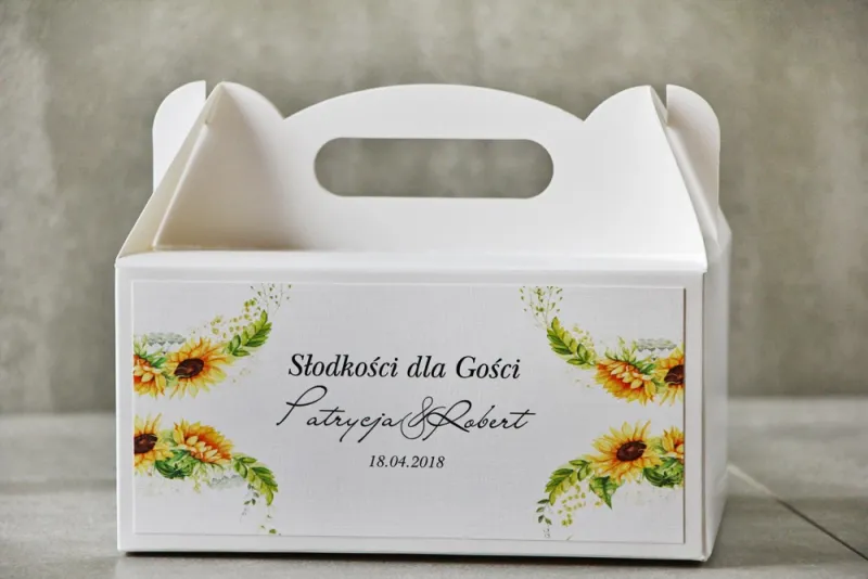 Prostokątne pudełko na ciasto, tort weselny, Ślub - Pistacjowe nr 13 - Letnie słoneczniki z polną trawą Prostokątne pudełko na ciasto, tort weselny, Ślub - Pistacjowe nr 13 - Letnie słoneczniki z polną trawą