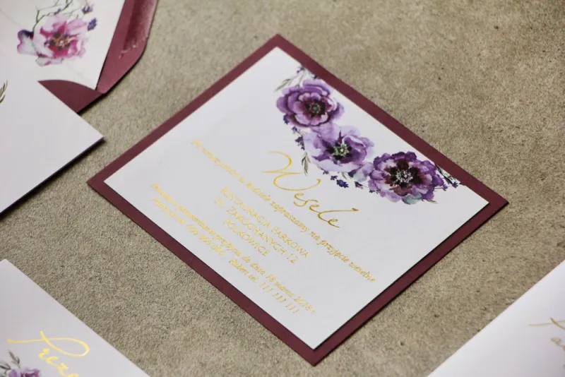 Bilecik dwuwarstwowy prezenty ślubne wesele - Cykade nr 9 ze złoceniem - Fioletowe kwiaty
