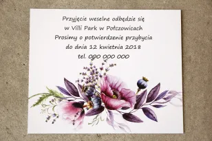 Bilecik do zaproszenia 105 x 74 mm prezenty ślubne wesele - Sorento nr 15 - Zaproszenia z fioletowymi makami i lawendą