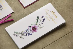 Menu Weselne Składane Złocone Fioletowe Kwiaty | Cykade nr 9