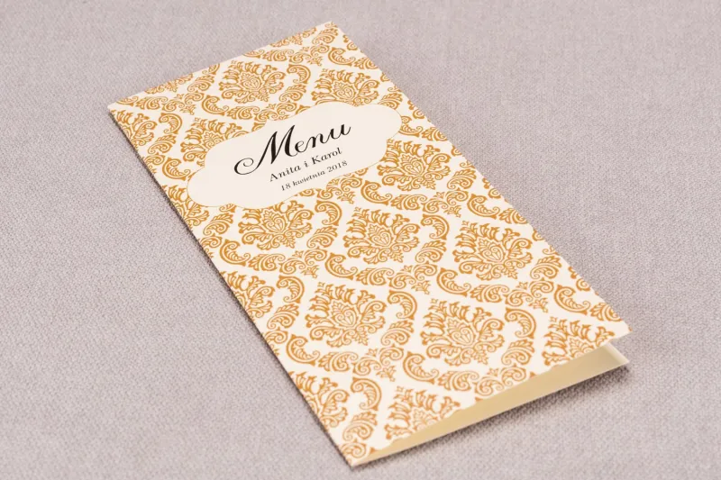 Menu ślubne z kolekcji Madras nr 7- eleganckie ciepło brązowe ornamenty Menu ślubne z kolekcji Madras nr 7- eleganckie ciepło brązowe ornamenty