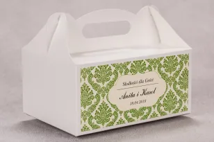 Ślubne pudełko na ciasto weselne prostokątne z kolekcji Madras nr 3 - zielone ornamenty