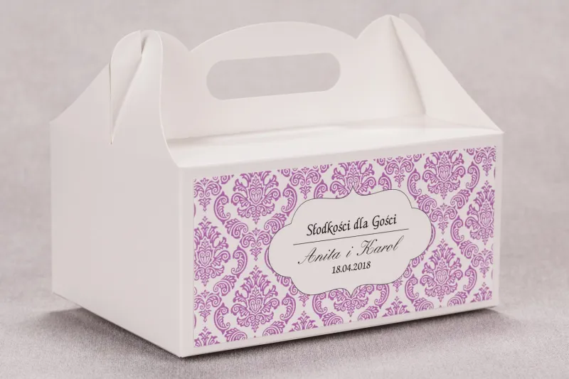 Ślubne pudełko na ciasto weselne prostokątne z kolekcji Madras nr 4 - różowe ornamenty