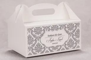 Ślubne pudełko na ciasto weselne prostokątne z kolekcji Madras nr 6 - szare ornamenty