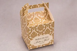 Ślubne pudełko na ciasto weselne kwadratowe z kolekcji Madras nr 7 - ciepło brązowe ornamenty