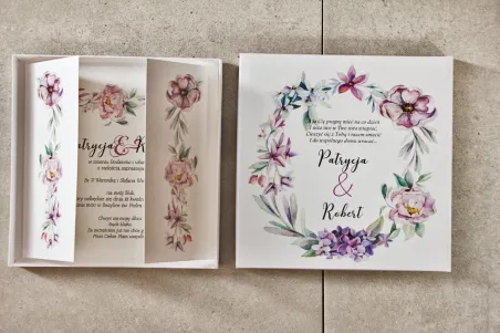 Efektowne Zaproszenie ślubne w pudełku - Pistacjowe nr 15 - Delikatny pastelowy wianek z fioletowymi kwiatami