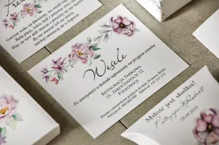 Bilecik do zaproszenia 120 x 98 mm prezenty ślubne wesele - Pistacjowe nr 15 - Pastelowo fioletowe kwiaty