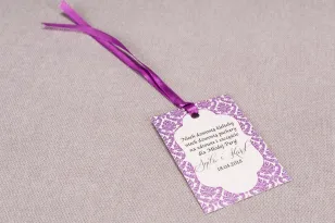 Ślubne zawieszki na butelki weselne z kolekcji Madras nr 8 - fioletowe ornamenty