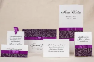 Eleganckie zaproszenia ślubne z koronką w kolorystyce fioletu - Zestaw próbny Klaris nr 3