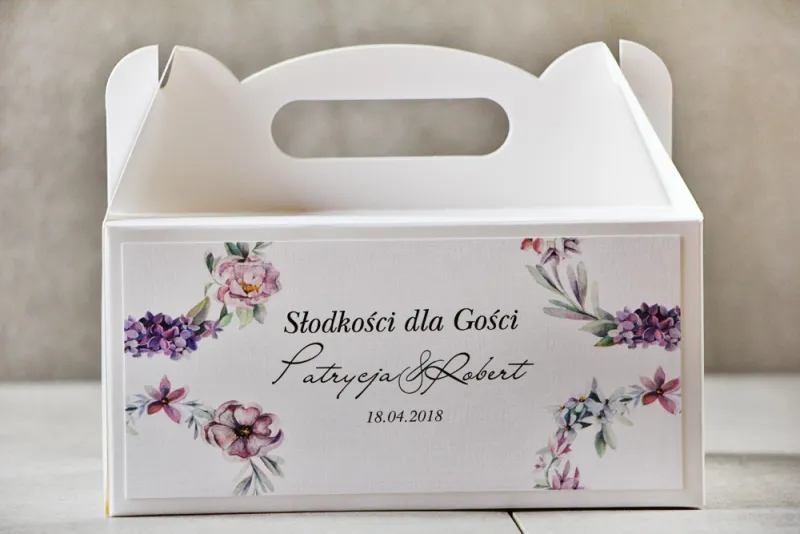 Prostokątne pudełko na ciasto, tort weselny, Ślub - Pistacjowe nr 15 - Pastelowo-fioletowe kwiaty