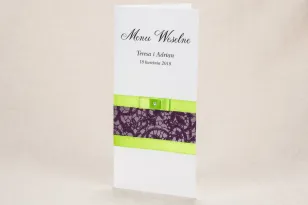 Hochzeitsmenü - Klassisches Design mit eleganter lila Spitze und kontrastierender grüner Schleife - Klaris No. 1