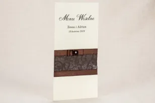 Menu ślubne - Klasyczny wzór z elegancką, brązową koronką z delikatną kokardką - Klaris nr 6
