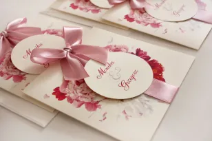 Różowe zaproszenia ślubne z różowymi, białymi i amarantowymi piwoniami - Akwarele nr 25