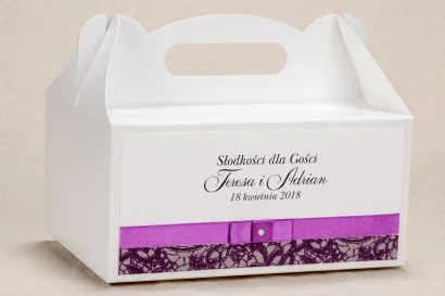 Ślubne Pudełko na Ciasto weselne z fioletową koronką - Klaris nr 3
