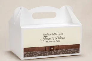 Ślubne Pudełko (prostokątne) na Ciasto weselne - Klasyczny wzór z brązową koronką