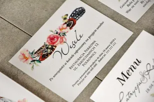 Einladungskarte 120 x 98 mm Hochzeitsgeschenke Hochzeit - Pistazie Nr. 16 - Boho-Muster mit Federn und rosa Blumen