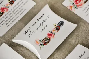 Candy Pillow Box, vielen Dank an die Hochzeitsgäste - Pistazie Nr. 16 - Boho-Stil, Federn und rosa Blumen