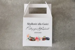 Schachtel für quadratische Torte, Hochzeitstorte - Pistazie Nr. 16 - Boho-Stil, Federn und rosa Blumen