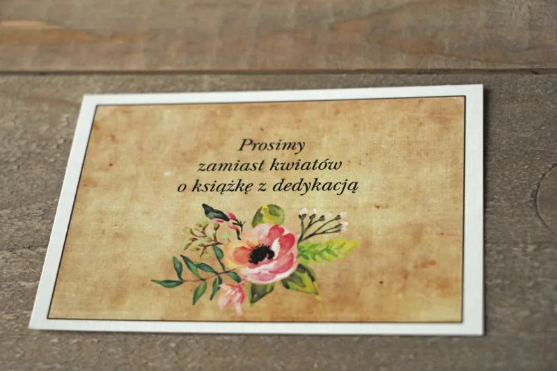 Bilecik do zaproszenia ślubnego w stylu rustykalnym z kwiatami w stylu boho - Karmelowe nr 1