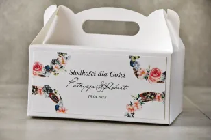 Rechteckige Tortenschachtel, Hochzeitstorte, Hochzeit - Pistazie Nr. 16 - Boho-Stil mit Federn und rosa Blumen