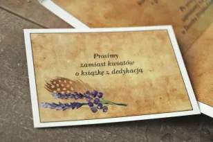 Rustykalny Bilecik do zaproszenia ślubnego z piórkiem w stylu boho - Karmelowe nr 3