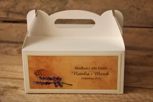 Rustikale Schachteln (quadratisch) für Hochzeitstorte mit Boho-Feder, lila - Karamell Nr. 3