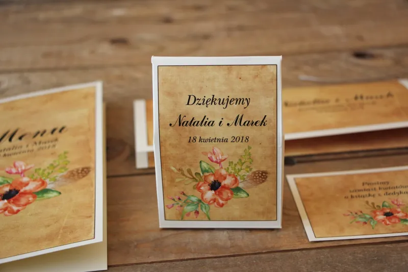Kwiatowe, boho Ślubne pudełeczka na słodkości dla gości weselnych w stylistyce rustykalnej, kolor pomarańczowy - Karmelowe nr 4 Kwiatowe, boho Ślubne pudełeczka na słodkości dla gości weselnych w stylistyce rustykalnej, kolor pomarańczowy - Karmelowe nr 4
